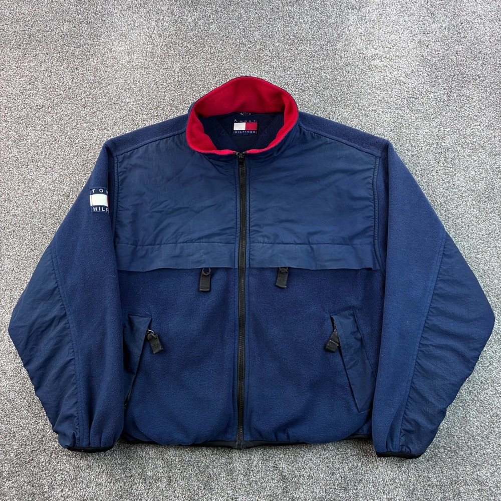 Vintage Tommy Hilfiger Fleece Jacket‎ Mens Large Blue Full Zip Spell Out Logo
